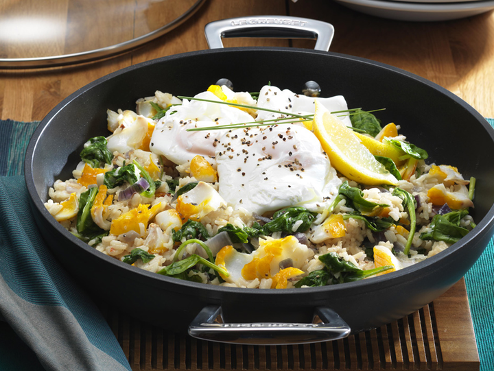 Smoked Haddock and Spinach Pilaf with Poached Eggs