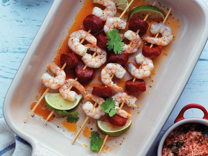King Prawn and Picante Chorizo Skewers with Harissa and Lime Yogurt