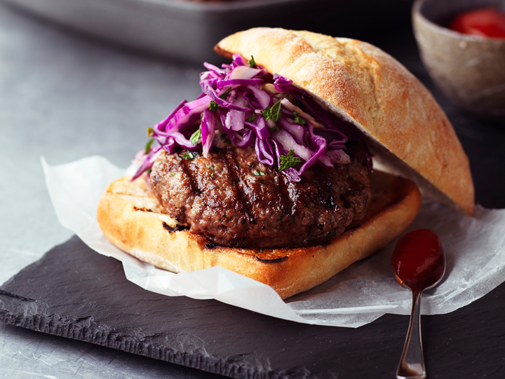 Artisan Burger with Scandinavian Cheese & Berry Stuffing & Winter Red Slaw
