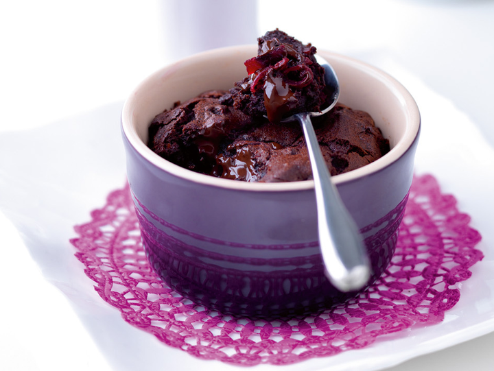 Dark Chocolate and Beetroot Brownie Puddings with Cassis Cream