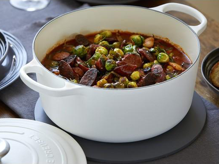 Charred Sprouts & Chorizo Stew with Chestnuts & Dates