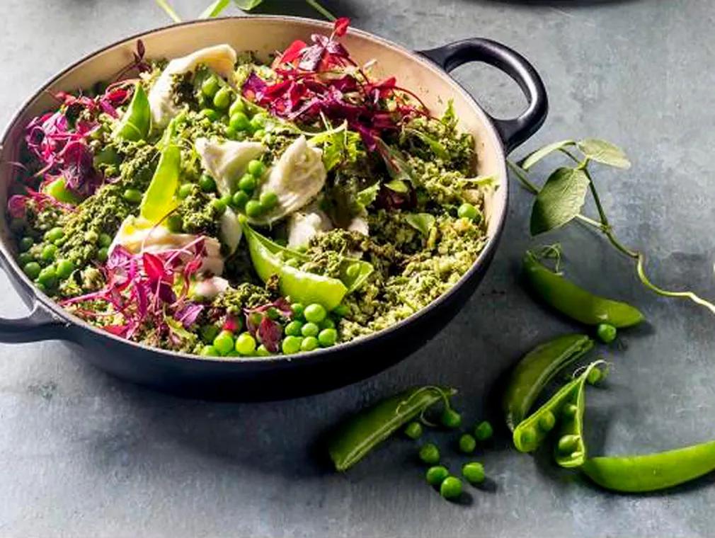 Cauliflower & Broccoli Risotto with Pesto, Mozzarella & Spring Greens