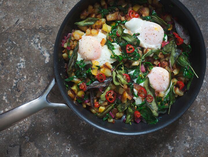 Crispy Potatoes with Sage, Chard, Eggs and Quick Sweet Chilli Sauce