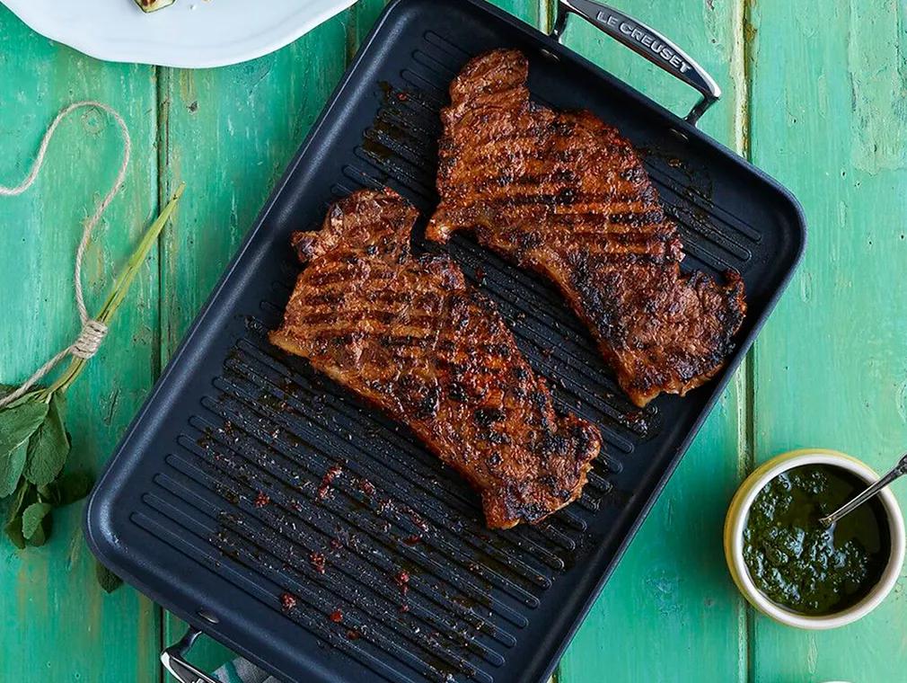 Rare Seared Sirloin Steak Slivers with feta, Charred Lettuce and Charred Cucumber