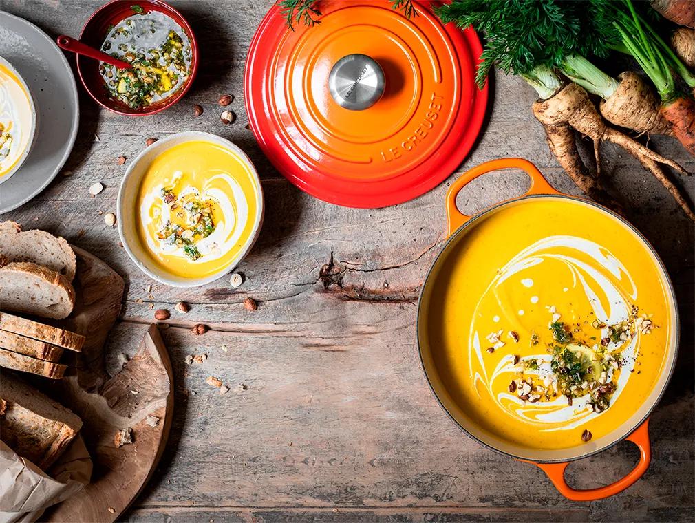 Roast Carrot & Parsnip Soup with Toasted Hazelnut Salsa